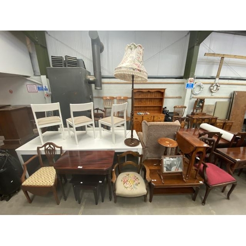 33 - Victorian mahogany fold over tea table 75H 91W 45-90D, Art Deco oak chair, mahogany coffee table 47H... 