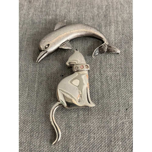 332 - 925 silver cat brooch and an unmarked dolphin brooch