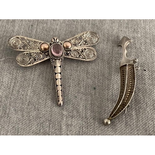 346 - 925 silver & gemstone Dragonfly brooch & silver tone dagger brooch