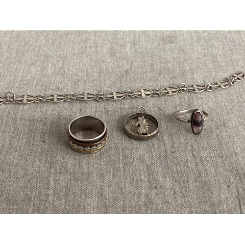 354 - Silver & Blue John set ring, size P, 925 silver ring, size R, silver 'St Christopher' pendant & silv... 