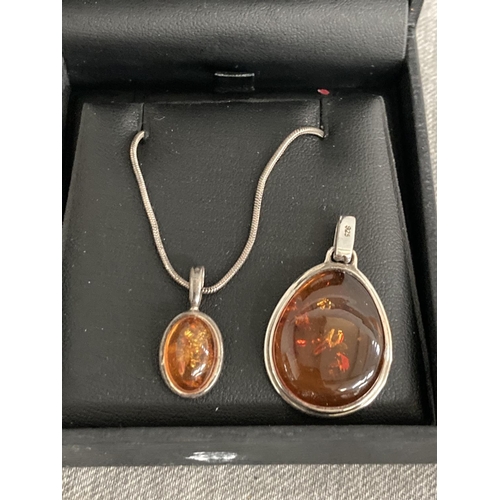 361 - Silver & amber tear drop pendant & a silver & amber pendant on silver neck chain (40cm)