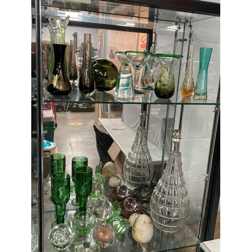 377 - 2 shelves of art glass, caged glass table lamp, paperweights, vases, glass float etc., inc. Caithnes... 