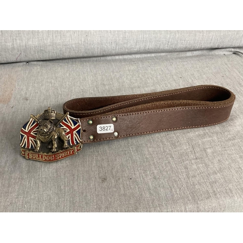 379 - Brown leather belt with 'Bulldog Spirit' belt buckle 120cm