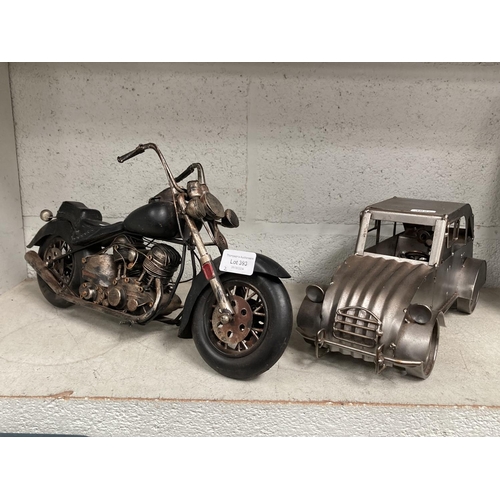 393 - Metal 'Nuts & Bolts' Citroen 2CV & a metal model of a Harley-Davidson