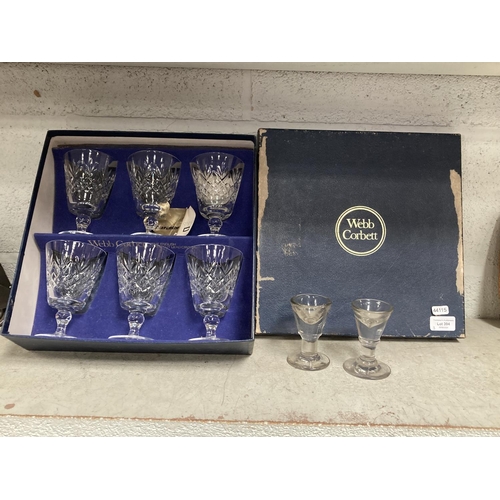 394 - Boxed set of 6 Webb Corbett 'Juno' crystal glasses & 2 19th/early 20th century penny lick glasses