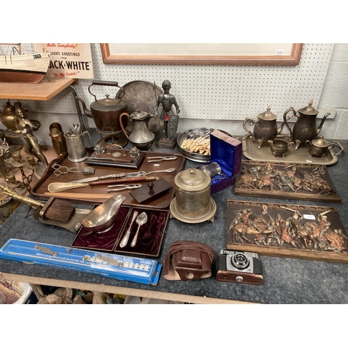 406 - Collection of cutlery, Edwardian oak serving tray, copper kettle, silver plated ware, Dacora Dignett... 