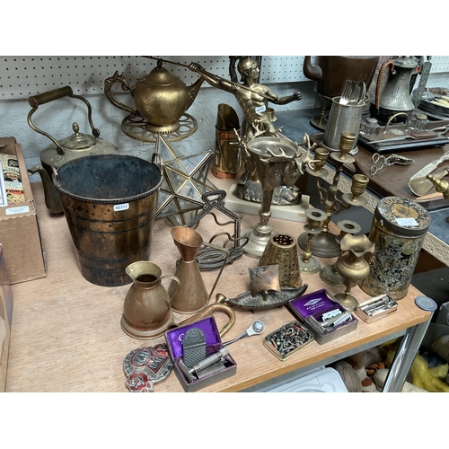 410 - Collection of brassware inc. champagne bucket, trivet, kettle, candelabra, 'Cerebos Salt' tin, candl... 