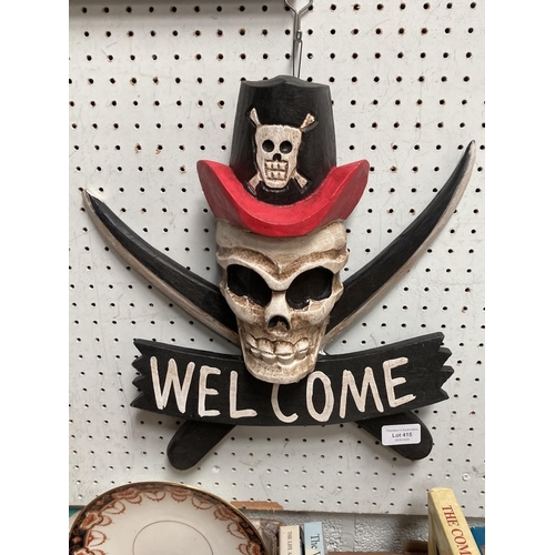 415 - Wooden 'Welcome' skull & crossbones sign NEW 39x35cm