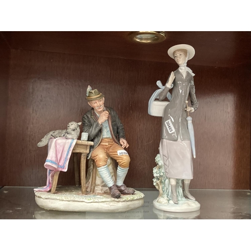 420 - Capodimonte figurine of man in alpine dress seated next to cat and smoking a pipe and Lladro figurin... 