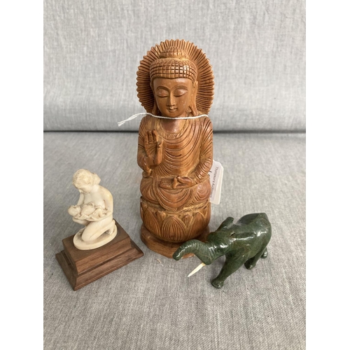 441 - Antique hand carved verdite elephant, mother & child figurine & carved sandalwood Buddha (One elepha... 