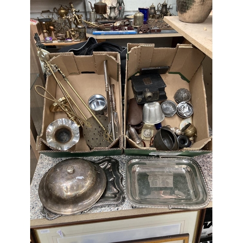 457 - 2 boxes of silver plate, collectables & brass etc.