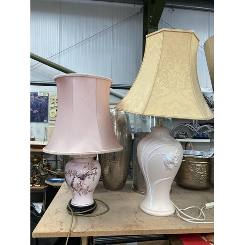 458 - Pink ceramic table lamp with shade 60H and pale pink decorated table lamp with shade 80H