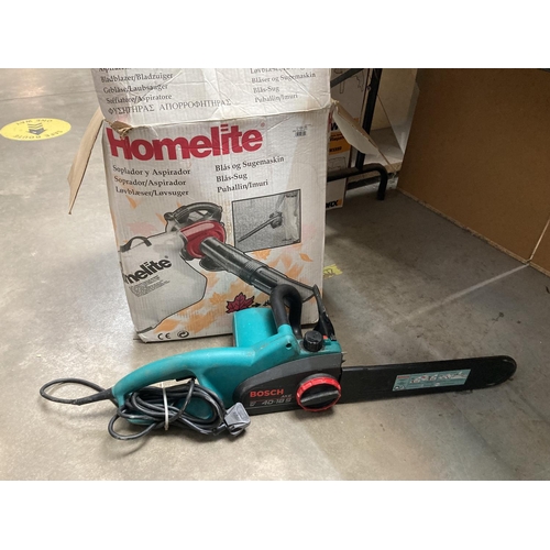 489 - Bosch electric chainsaw 40-18S & Homelite petrol garden blower/ vac & a petrol can