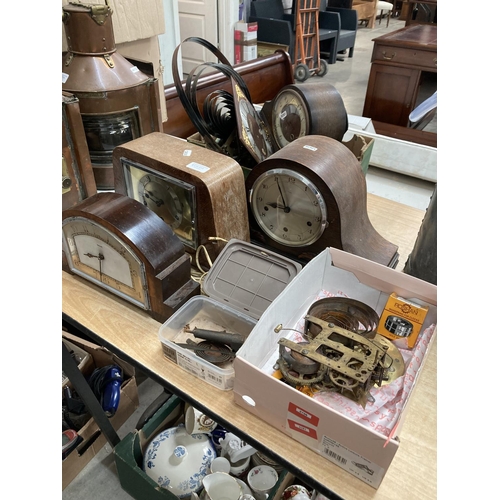 512 - 3 wooden cased mantle clocks including electric Ferranti and 2 boxes of clock parts (all as found)