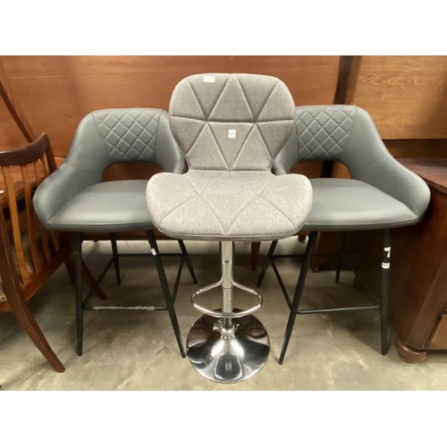 52 - 2 grey leather bar stools 97H 51W and a grey Charles Jacob’s rise and fall bar stool 108H 49W (all n... 