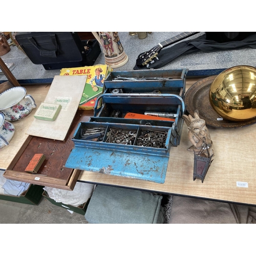 524 - Well stocked metal tool box including socket set, spanners, drill bits, nuts and bolts etc, vintage ... 