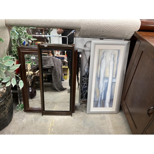 533 - 2 mahogany framed mirrors 77H 33W & 73H 58W, unframed mirror 91H 60W, metal framed mirror 74H 81W, c... 