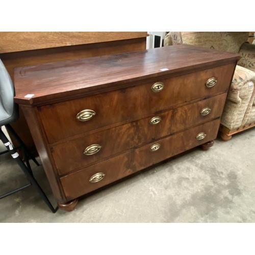 54 - 19th century mahogany three drawer chest with brass handles 77H 130W 53D