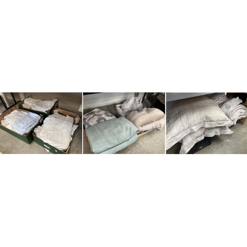 543 - 3 boxes of vintage table linens etc, pair grey and cream curtains 212 long 266 wide, pair Divante gr... 