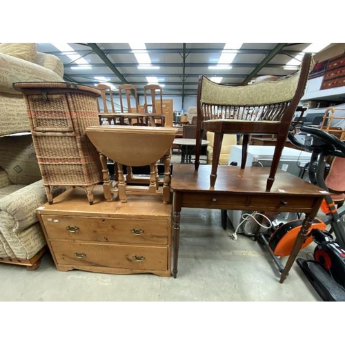 56 - Mid century rattan laundry chest 71H 44W 34D, pine drop leaf table 52H 52W 30D, pine 2 drawer chest ... 