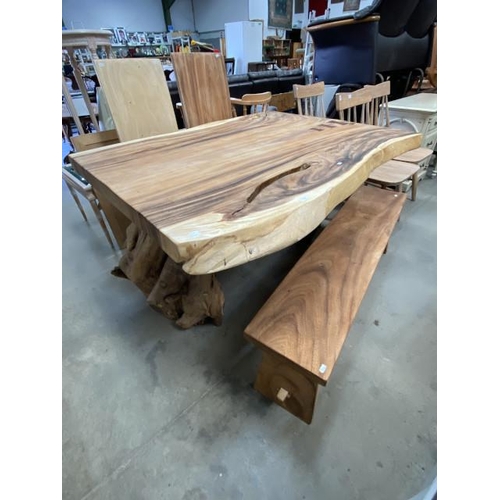 79 - Live edge teak root table 82H 152W 122D, a teak root bench 44H 141W 30D and 2 high back chairs 121H ... 