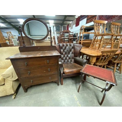 92 - Oak dressing chest 146H 84W 44D, mahogany leather topped occasional table 56H 47W 39D and a brown le... 