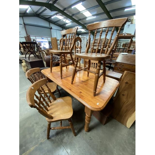 93 - Pine farmhouse kitchen table 75H 163W 86D and 4 chairs