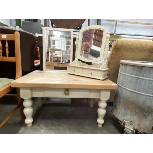 99 - Painted pine coffee table with one drawer 48H 92W 59D, framed mirror 105H 40W and a dressing table m... 