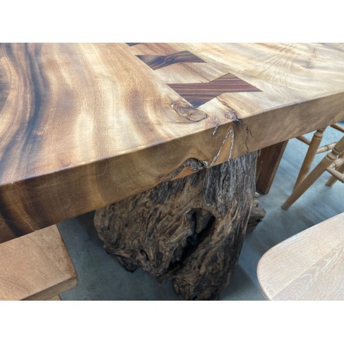 79 - Live edge teak root table 82H 152W 122D, a teak root bench 44H 141W 30D and 2 high back chairs 121H ... 