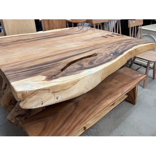 79 - Live edge teak root table 82H 152W 122D, a teak root bench 44H 141W 30D and 2 high back chairs 121H ... 