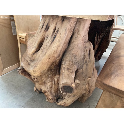 79 - Live edge teak root table 82H 152W 122D, a teak root bench 44H 141W 30D and 2 high back chairs 121H ... 