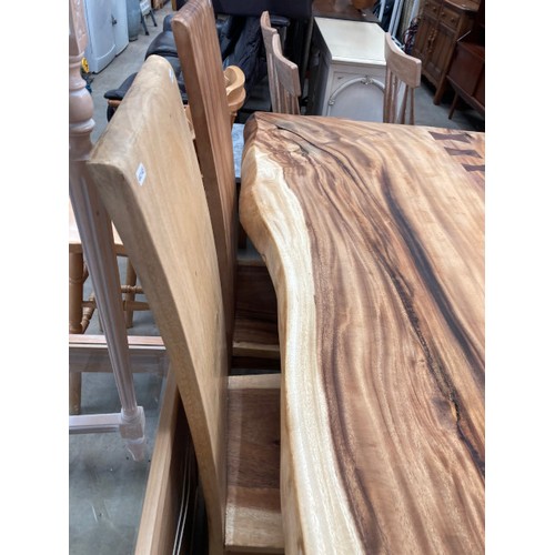 79 - Live edge teak root table 82H 152W 122D, a teak root bench 44H 141W 30D and 2 high back chairs 121H ... 