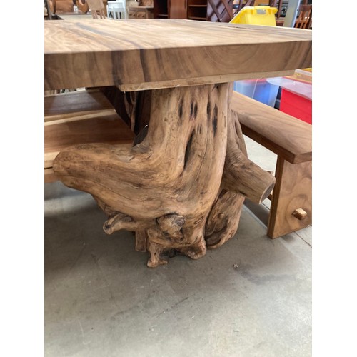 79 - Live edge teak root table 82H 152W 122D, a teak root bench 44H 141W 30D and 2 high back chairs 121H ... 