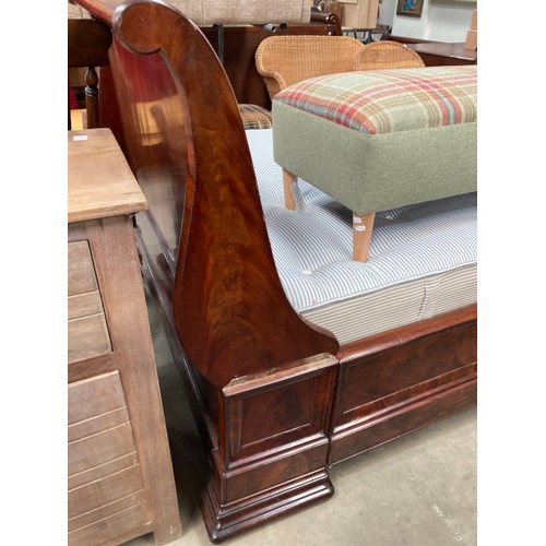 154 - Victorian burr walnut 4ft sleigh bed (as found) and a York Bedding Company Ltd ‘Minster’ mattress