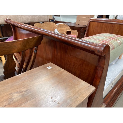 154 - Victorian burr walnut 4ft sleigh bed (as found) and a York Bedding Company Ltd ‘Minster’ mattress