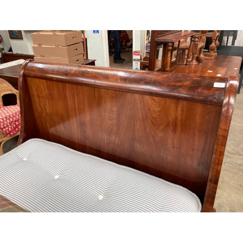 154 - Victorian burr walnut 4ft sleigh bed (as found) and a York Bedding Company Ltd ‘Minster’ mattress