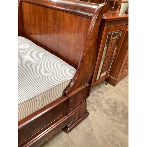 154 - Victorian burr walnut 4ft sleigh bed (as found) and a York Bedding Company Ltd ‘Minster’ mattress