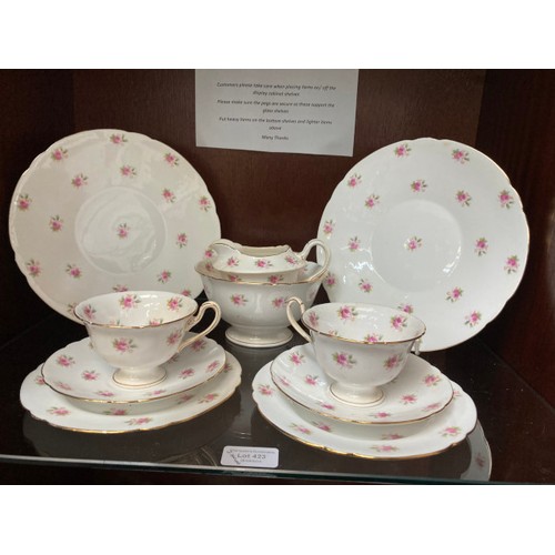 423 - 37 piece Foley china rose patterned tea set, 3 Chinese tea bowls, cloisonne dish, Royal Crown Derby ... 