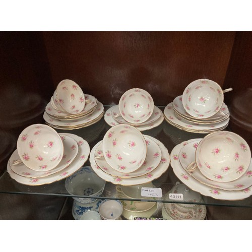 423 - 37 piece Foley china rose patterned tea set, 3 Chinese tea bowls, cloisonne dish, Royal Crown Derby ... 