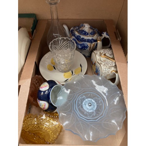 432 - 7 boxes of collectables inc. postcards, part tea sets, glass decanters, Carlton Ware, Lingard teapot... 