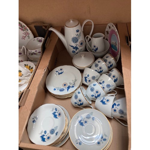 432 - 7 boxes of collectables inc. postcards, part tea sets, glass decanters, Carlton Ware, Lingard teapot... 