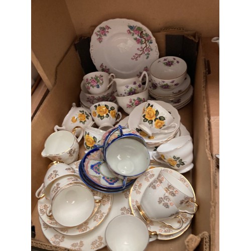 432 - 7 boxes of collectables inc. postcards, part tea sets, glass decanters, Carlton Ware, Lingard teapot... 