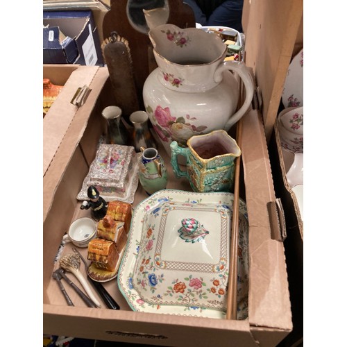 432 - 7 boxes of collectables inc. postcards, part tea sets, glass decanters, Carlton Ware, Lingard teapot... 