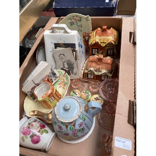 432 - 7 boxes of collectables inc. postcards, part tea sets, glass decanters, Carlton Ware, Lingard teapot... 