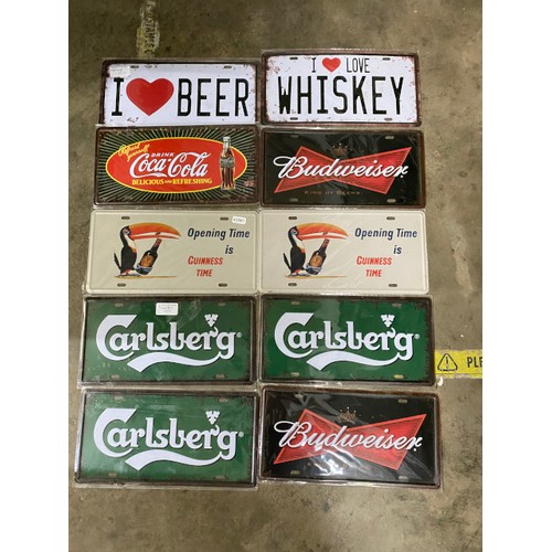 517 - 10 reproduction metal signs 15H 30W for Guinness (2), Coca Cola, I Love Whisky, I Love Beer, Carlsbe... 