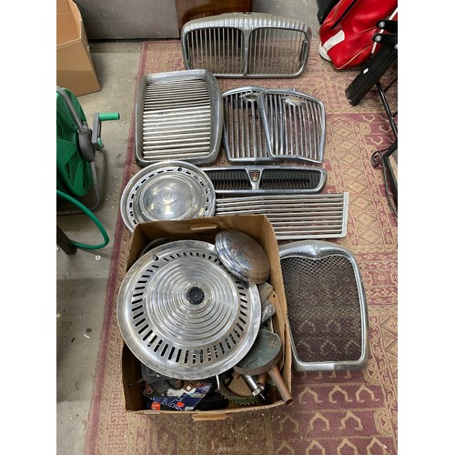 541 - Box of vintage car Grills including Rover, Wolseley etc and a box of vintage car parts including chr... 