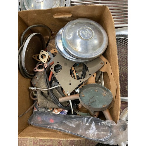 541 - Box of vintage car Grills including Rover, Wolseley etc and a box of vintage car parts including chr... 