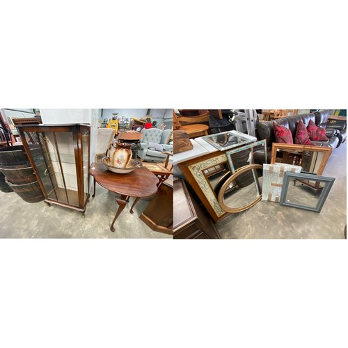 148 - Vintage mahogany display cabinet with one key 105H 60W 30D, Ironstone wash bowl and jug, assorted fr... 