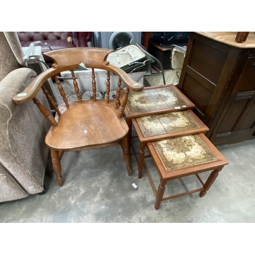 104 - Victorian oak smokers bow 67W and a Danish teak nest of 3 tables 45H 52W 37D