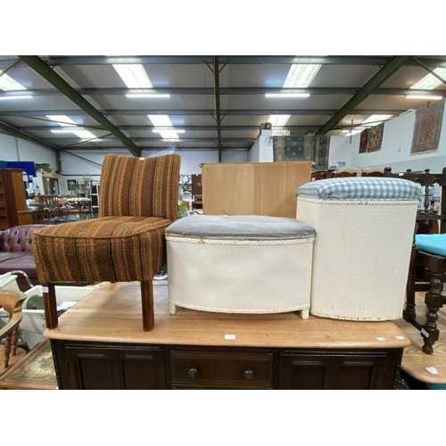 105 - Vintage bedroom chair 44W and 2 Lloyd Loom style linen boxes 40H 61W 35D & 56H 40W 34D